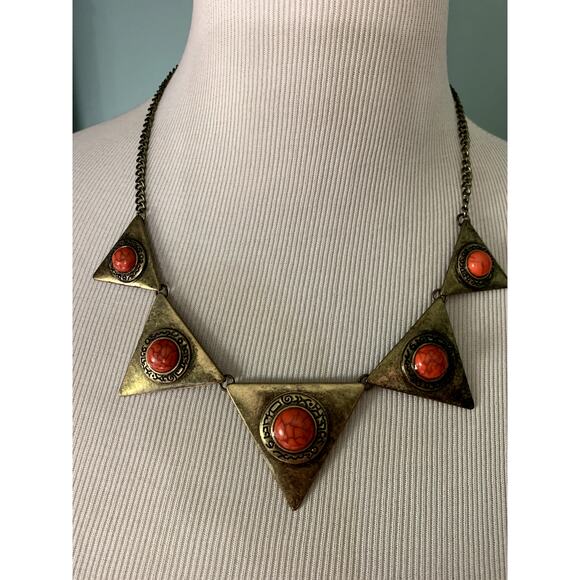 Triangle ORANGE Copper Burnt Gold AZTEC Tribal NECKLACE - Picture 2 of 7
